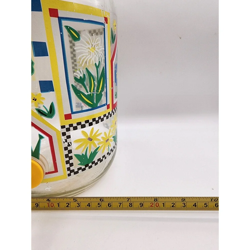 Vintage Floral Glass Sun Tea Jug Water Dispenser Spigot Yellow Lid